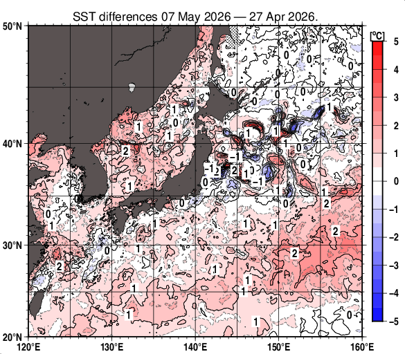 日本近海の10日間の海面水温変化量分布図（5月7日）