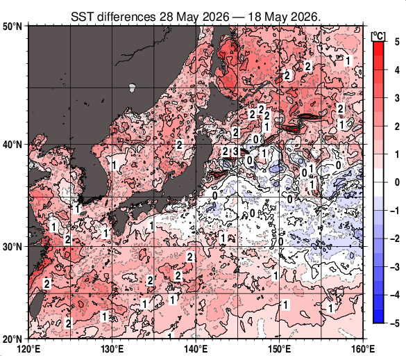 日本近海の10日間の海面水温変化量分布図（5月28日）