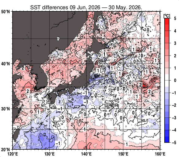 日本近海の10日間の海面水温変化量分布図（6月9日）