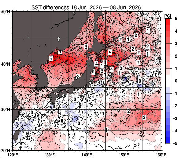 日本近海の10日間の海面水温変化量分布図（6月18日）