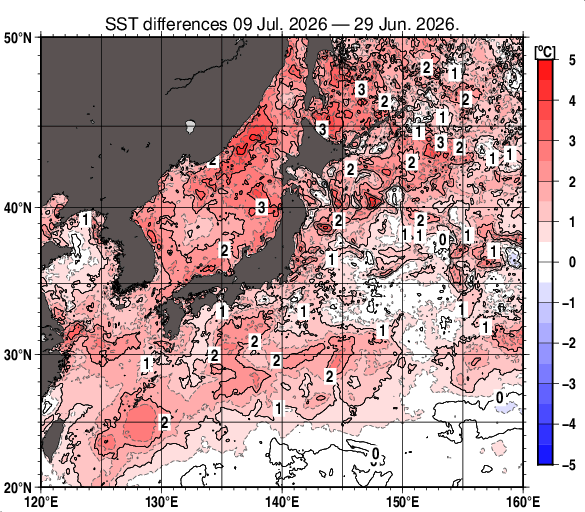 日本近海の10日間の海面水温変化量分布図（7月9日）