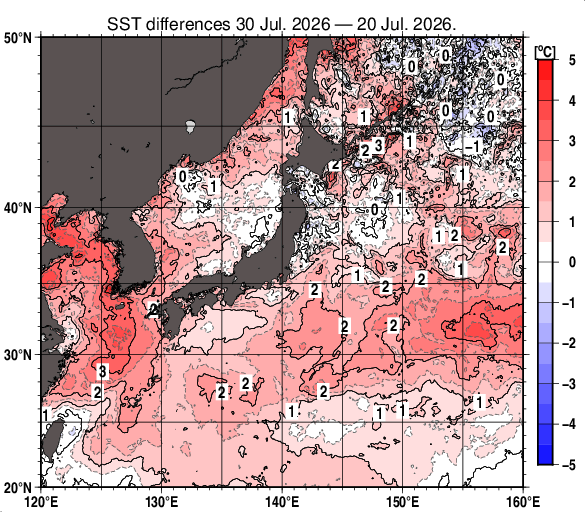 日本近海の10日間の海面水温変化量分布図（7月30日）