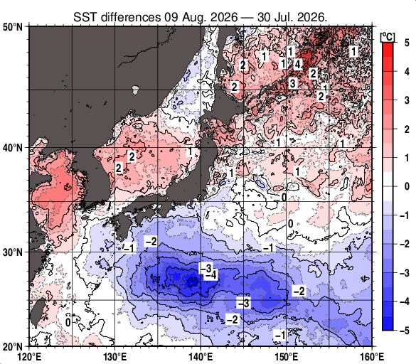 日本近海の10日間の海面水温変化量分布図（8月9日）