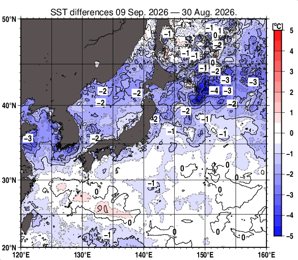 日本近海の10日間の海面水温変化量分布図（9月9日）
