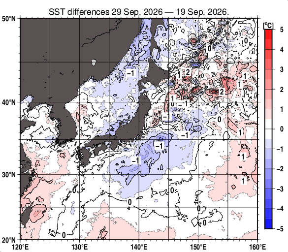 日本近海の10日間の海面水温変化量分布図（9月29日）