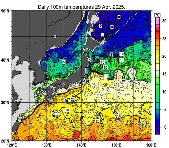 日本近海の深さ100mの水温分布図（4月29日）