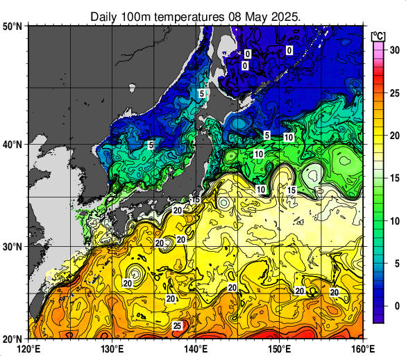 日本近海の深さ100mの水温分布図（5月8日）