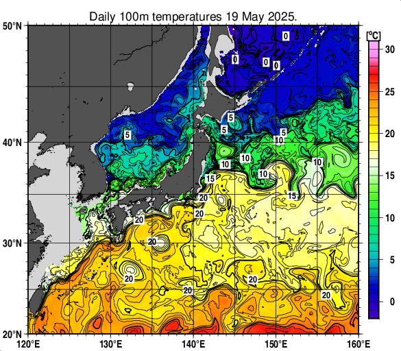 日本近海の深さ100mの水温分布図（5月19日）