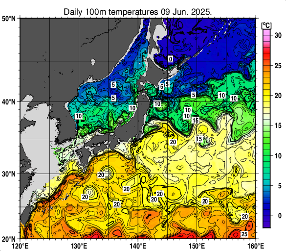 日本近海の深さ100mの水温分布図（6月9日）