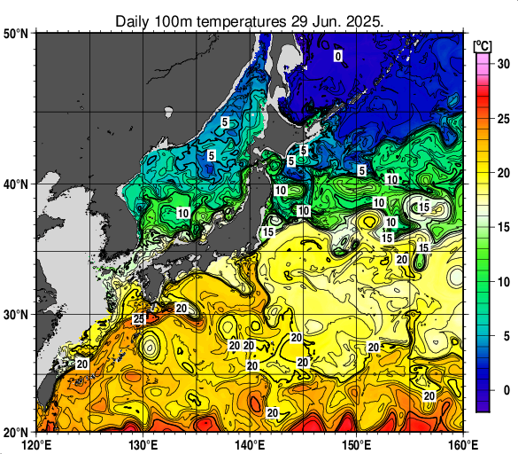 日本近海の深さ100mの水温分布図（6月29日）