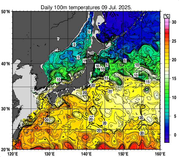 日本近海の深さ100mの水温分布図（7月9日）
