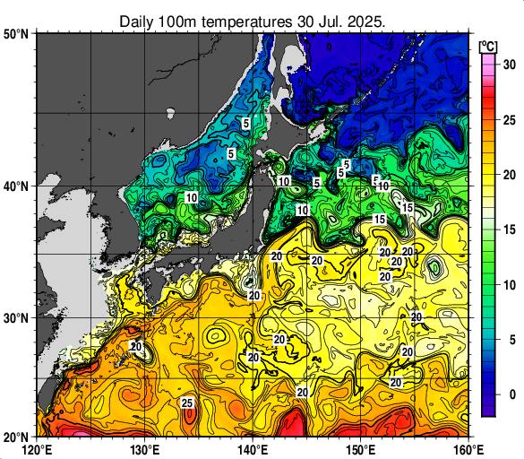 日本近海の深さ100mの水温分布図（7月30日）