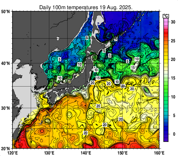 日本近海の深さ100mの水温分布図（8月19日）