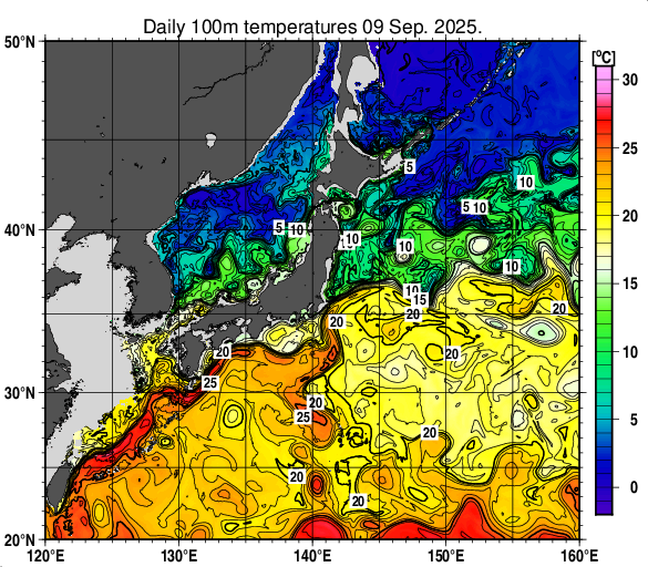 日本近海の深さ100mの水温分布図（9月9日）