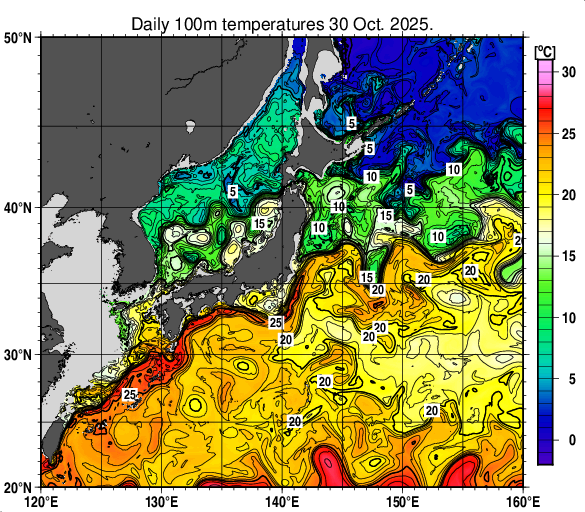 日本近海の深さ100mの水温分布図（10月30日）