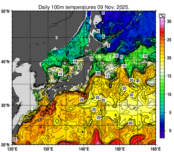 日本近海の深さ100mの水温分布図（11月9日）