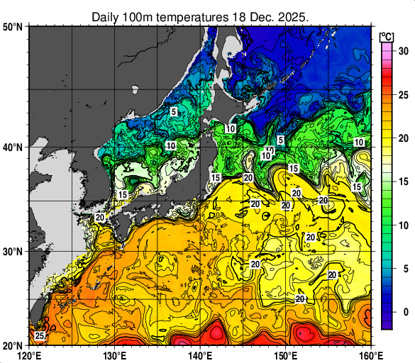 日本近海の深さ100mの水温分布図（12月18日）