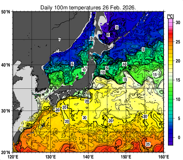 日本近海の深さ100mの水温分布図（2月26日）