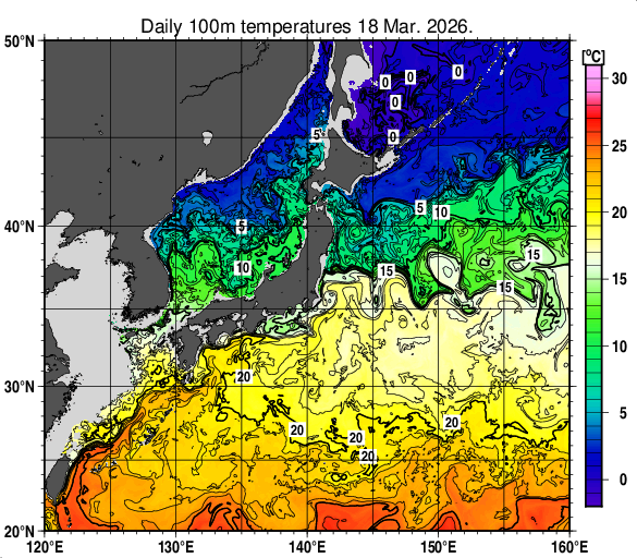 日本近海の深さ100mの水温分布図（3月18日）