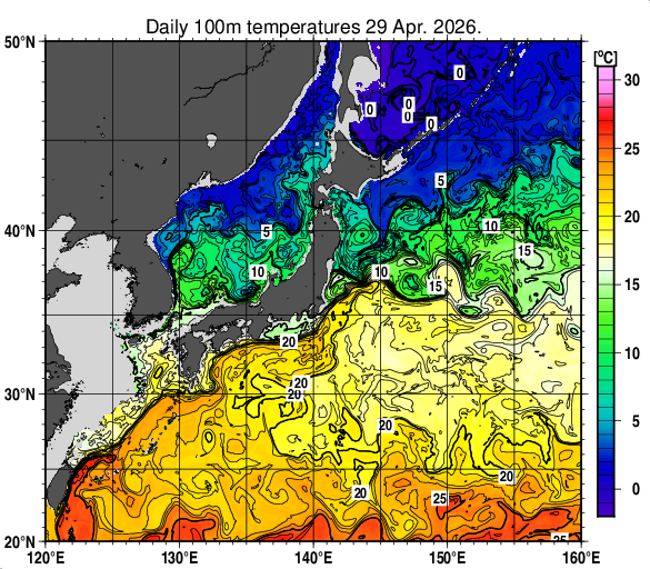 日本近海の深さ100mの水温分布図（4月29日）