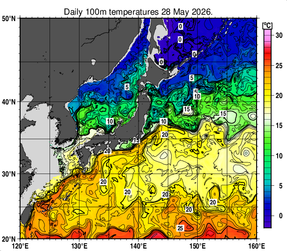 日本近海の深さ100mの水温分布図（5月28日）