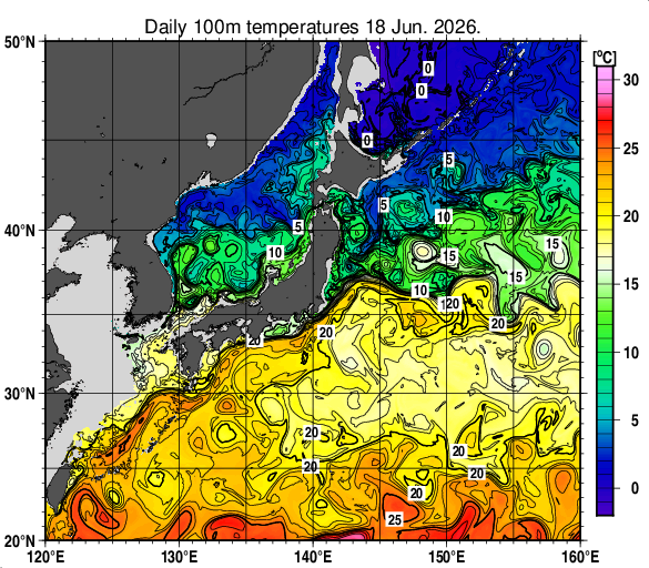 日本近海の深さ100mの水温分布図（6月18日）