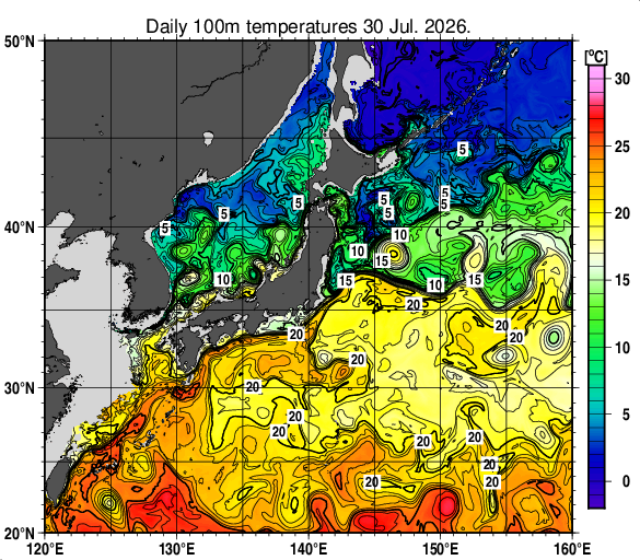 日本近海の深さ100mの水温分布図（7月30日）