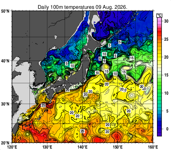 日本近海の深さ100mの水温分布図（8月9日）