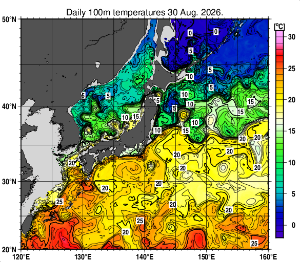 日本近海の深さ100mの水温分布図（8月30日）