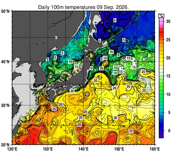 日本近海の深さ100mの水温分布図（9月9日）