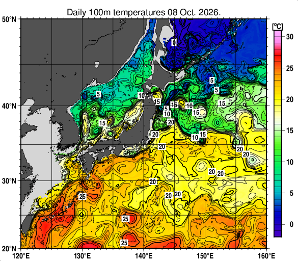 日本近海の深さ100mの水温分布図（10月8日）
