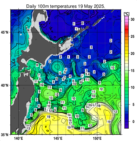親潮域の深さ100mの水温分布図（5月19日）