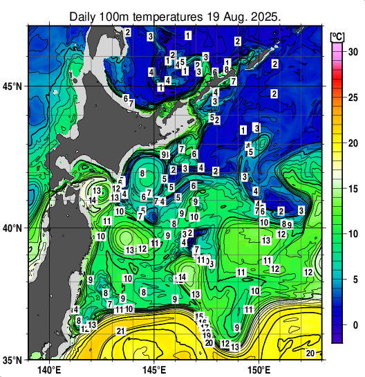 親潮域の深さ100mの水温分布図（8月19日）