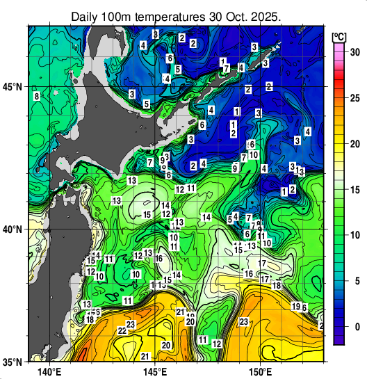 親潮域の深さ100mの水温分布図（10月30日）