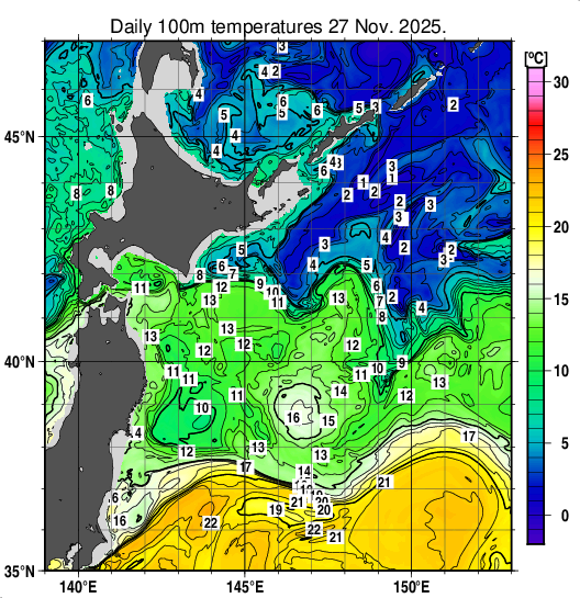 親潮域の深さ100mの水温分布図（11月27日）