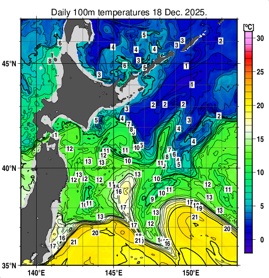 親潮域の深さ100mの水温分布図（12月18日）