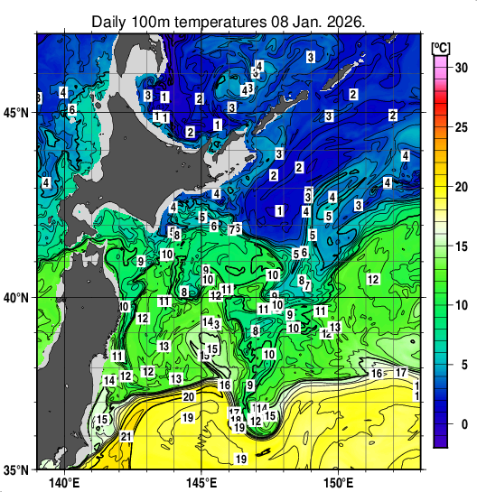 親潮域の深さ100mの水温分布図（1月8日）