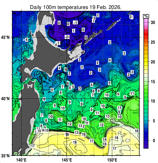 親潮域の深さ100mの水温分布図（2月19日）