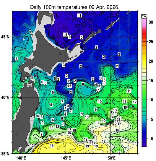 親潮域の深さ100mの水温分布図（4月9日）