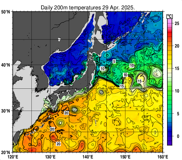 日本近海の深さ200mの水温分布図（4月29日）