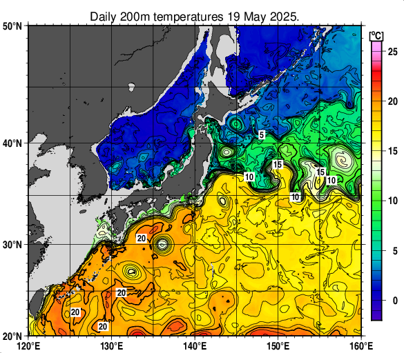 日本近海の深さ200mの水温分布図（5月19日）