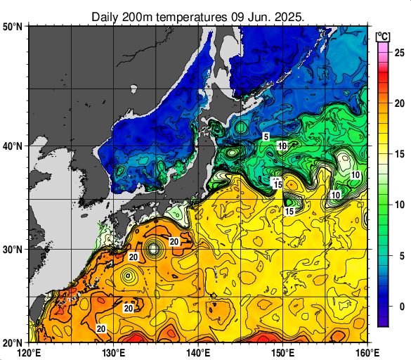 日本近海の深さ200mの水温分布図（6月9日）
