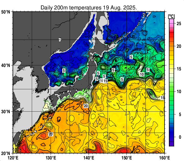 日本近海の深さ200mの水温分布図（8月19日）