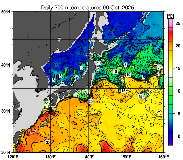日本近海の深さ200mの水温分布図（10月9日）