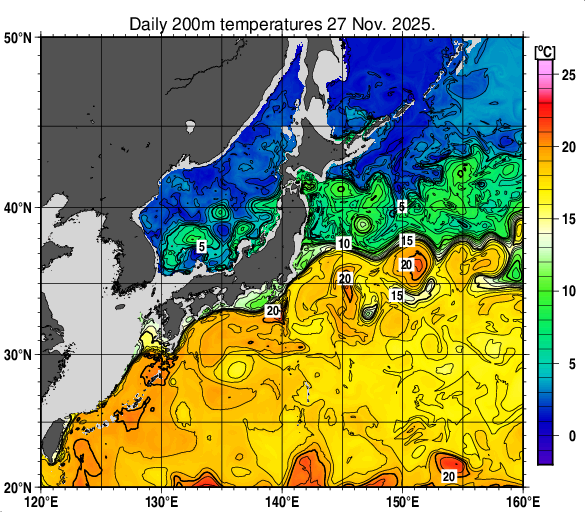 日本近海の深さ200mの水温分布図（11月27日）
