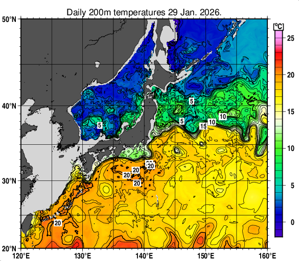 日本近海の深さ200mの水温分布図（1月29日）