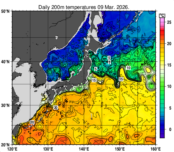 日本近海の深さ200mの水温分布図（3月9日）