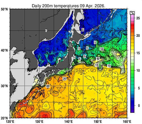 日本近海の深さ200mの水温分布図（4月9日）