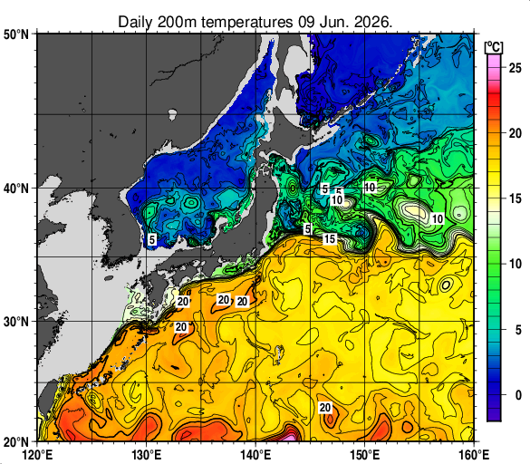 日本近海の深さ200mの水温分布図（6月9日）