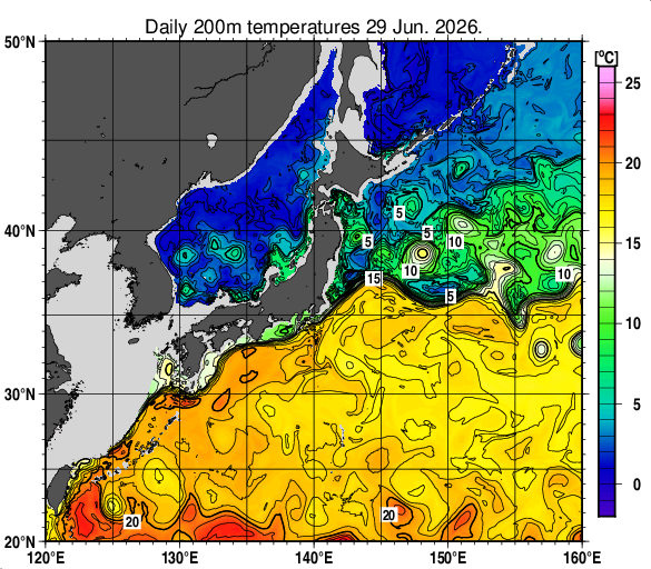 日本近海の深さ200mの水温分布図（6月29日）